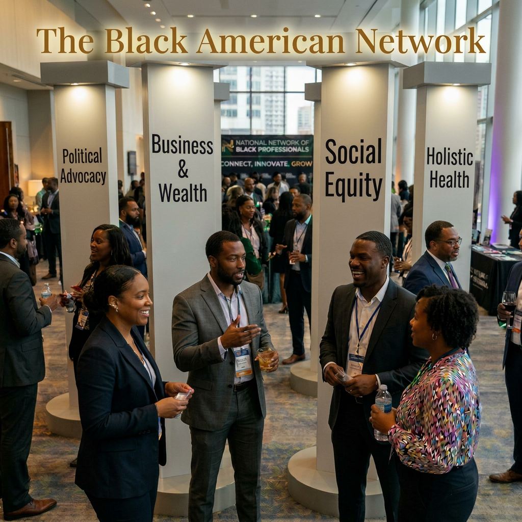 Professionals networking at an event with illuminated pillars showing leadership, innovation, collaboration, and growth