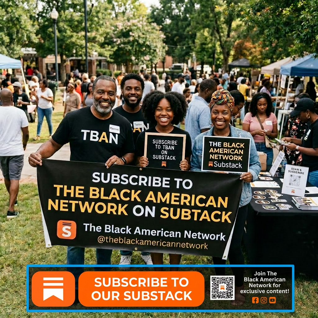 Four smiling people holding signs and a banner promoting subscription to The Black American Network on Substack at an outdoor event